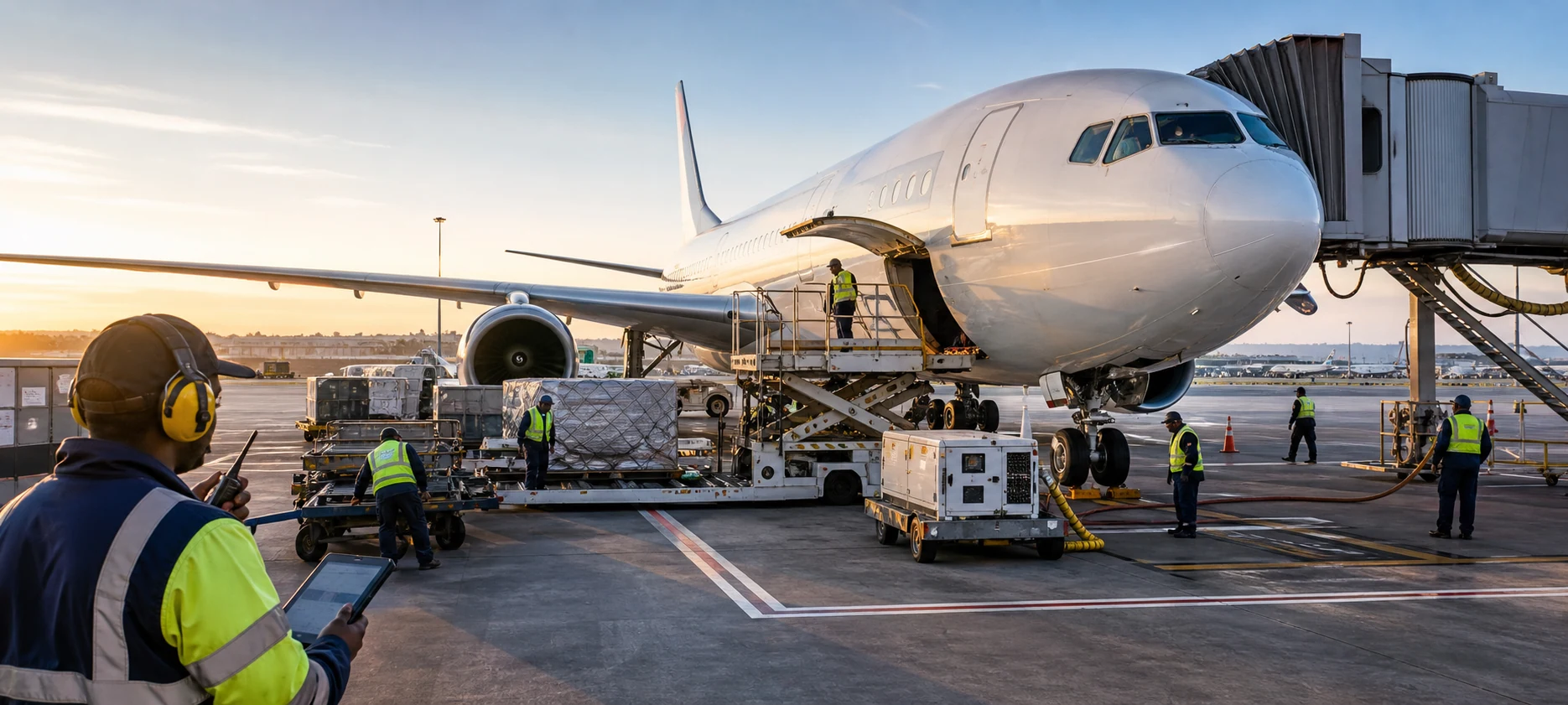 A coordinated airport ground operation beside an aircraft