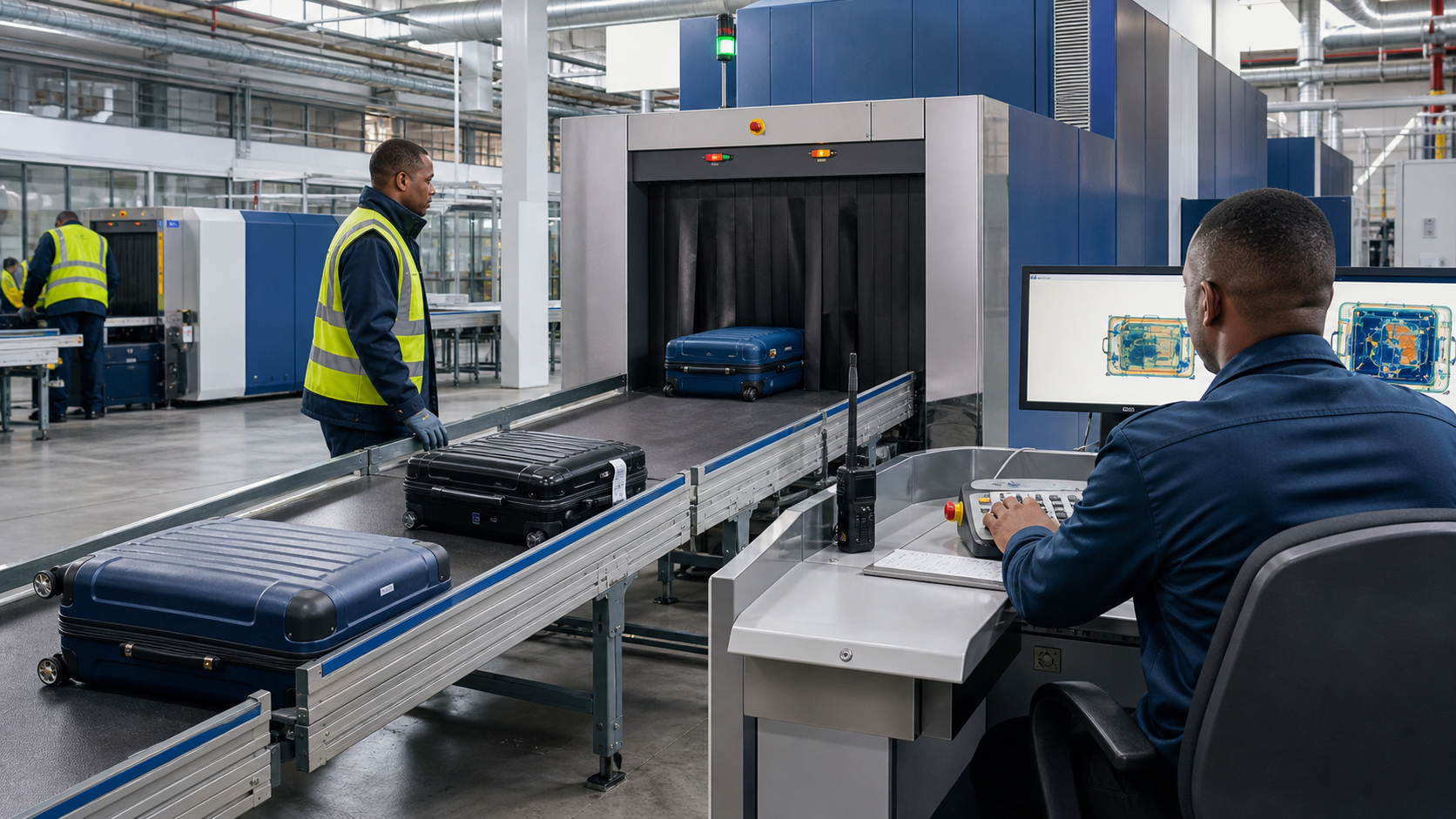 Specialists monitoring automated hold-baggage screening equipment