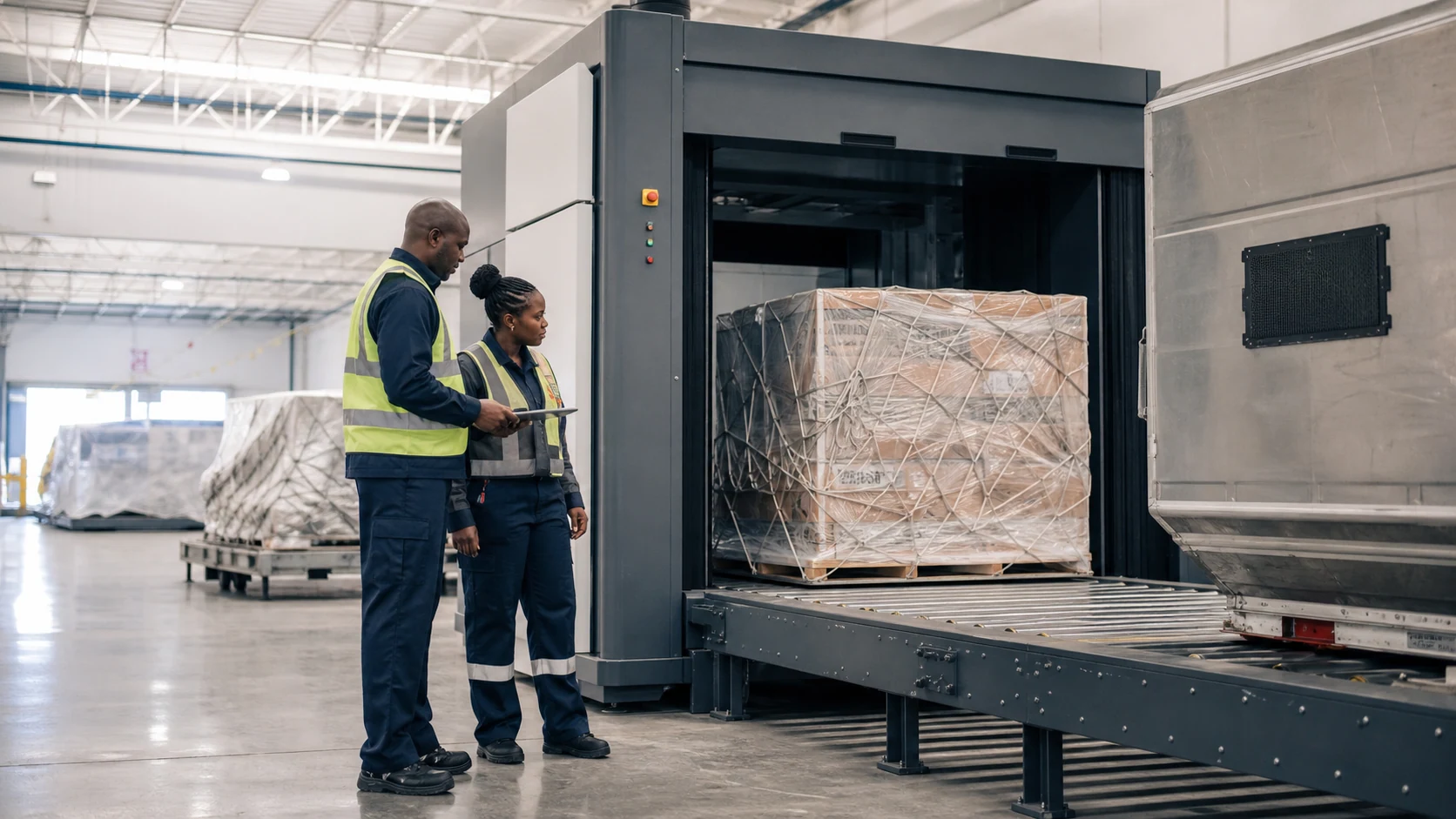 Screening professionals monitoring palletised cargo moving through inspection equipment