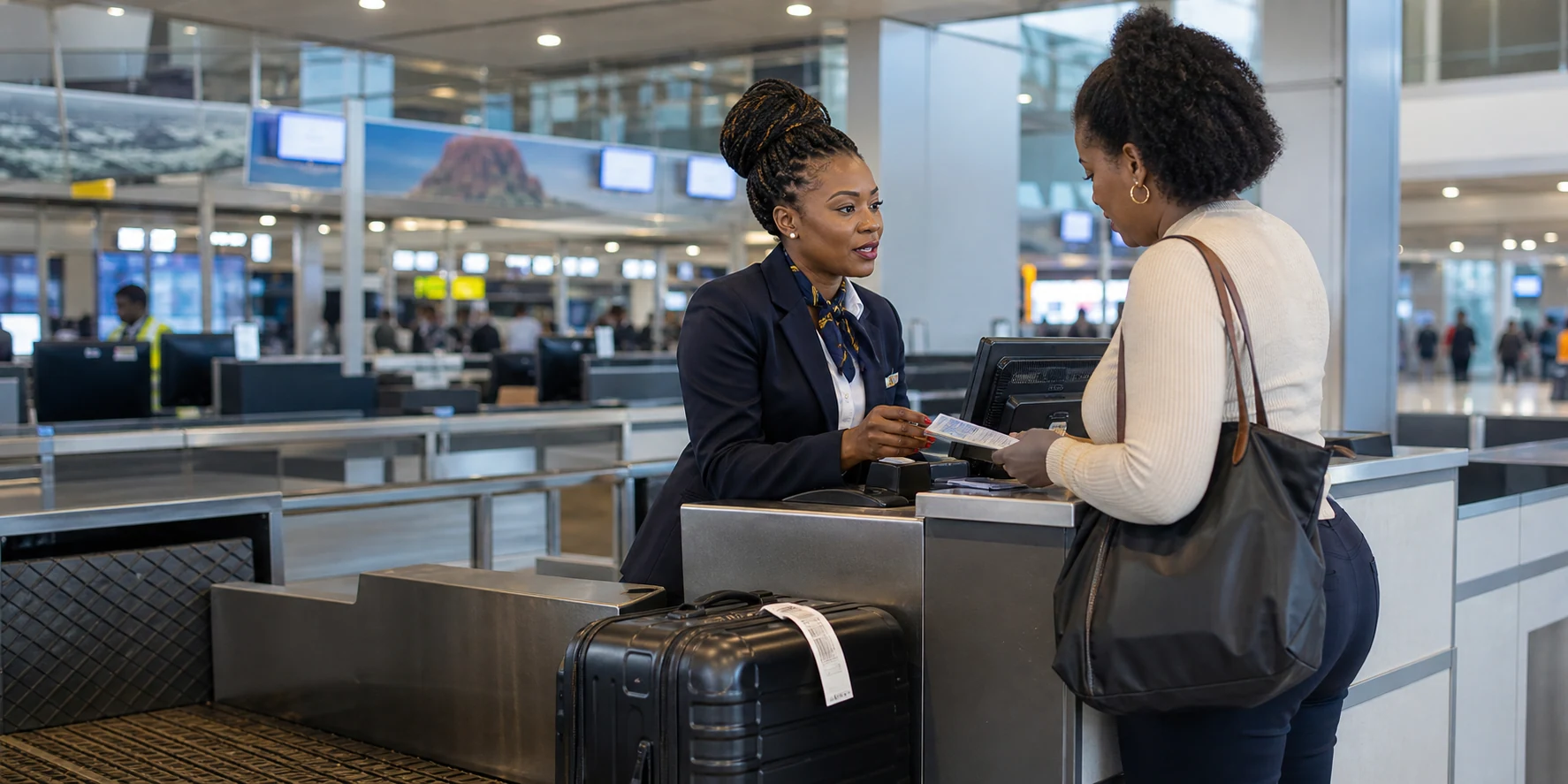 An airport check-in agent assisting a passenger at the counter