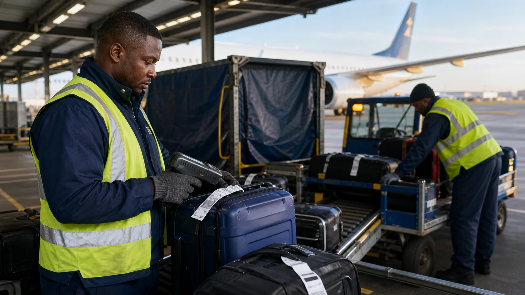 A baggage operations specialist scanning a checked baggage tag