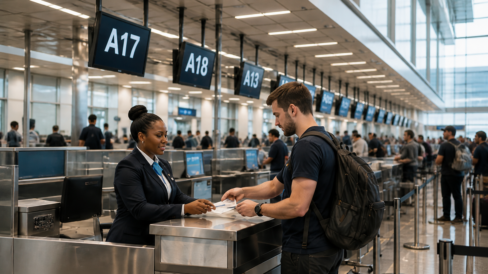 A screening professional assisting a passenger in a high-volume terminal