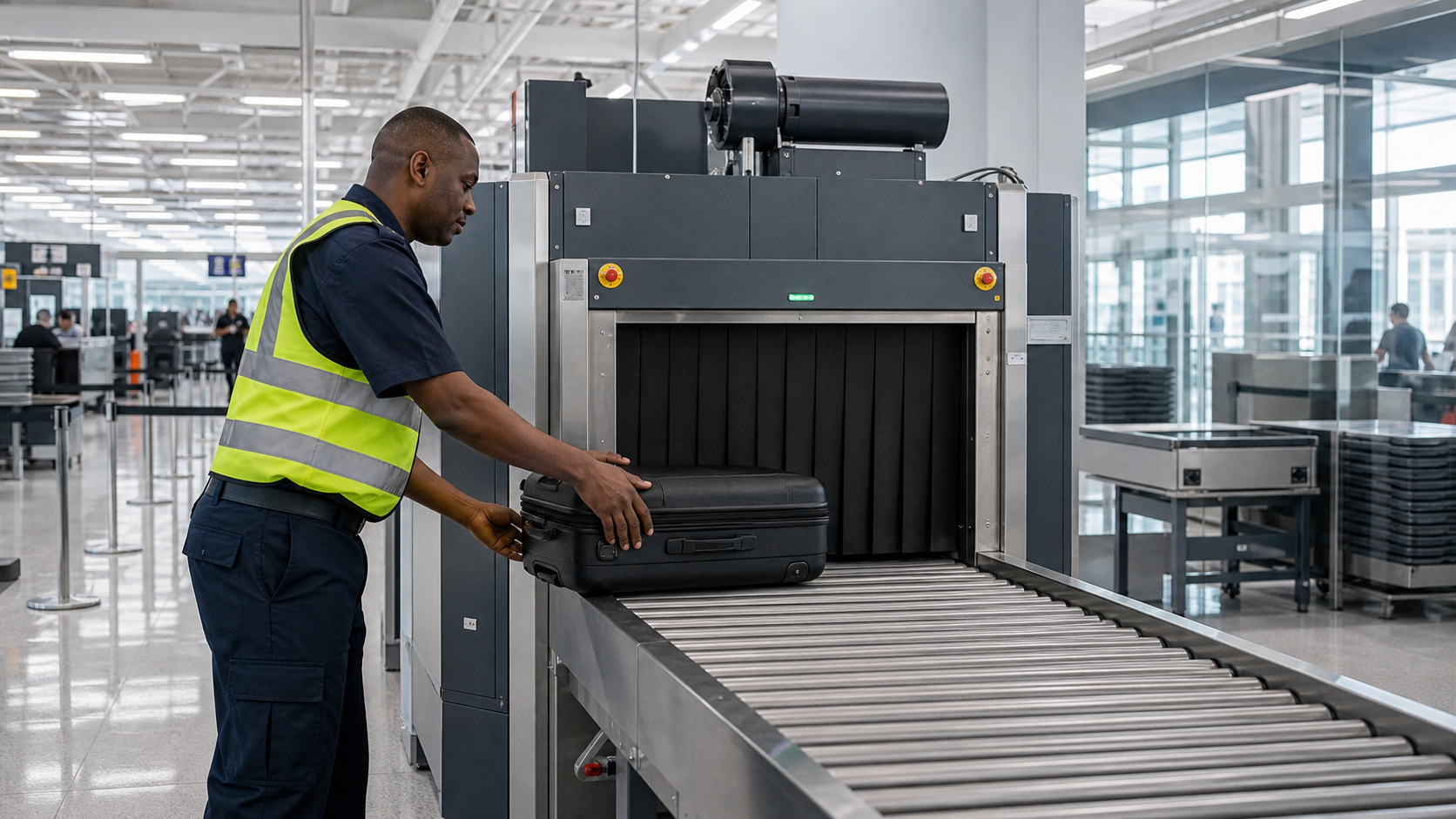 A screening professional handling baggage at an inspection system