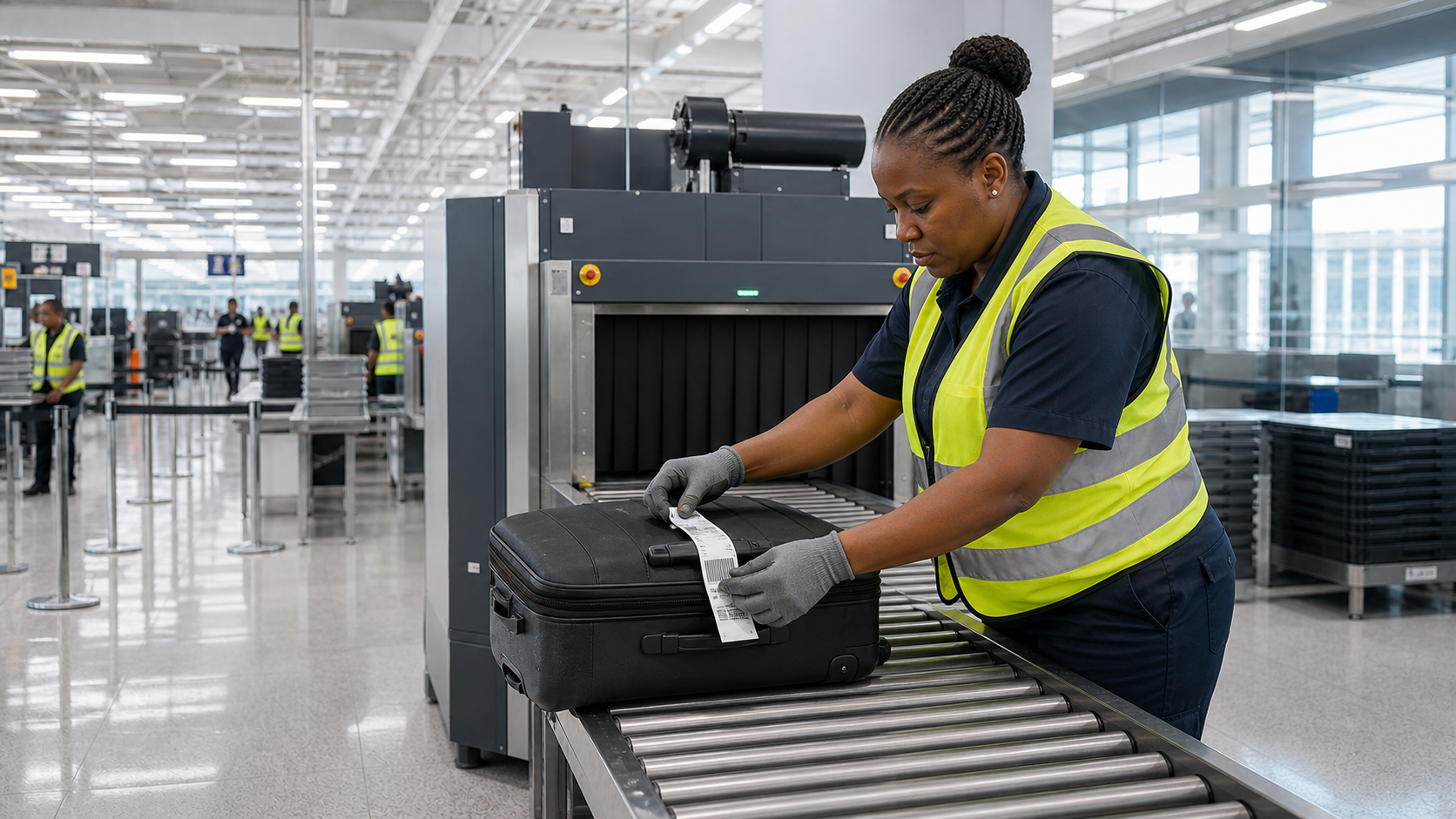 A screening professional checking a baggage tag at an inspection system